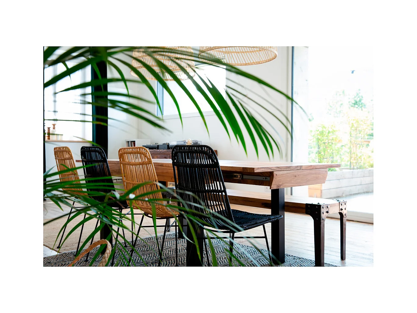 Banc industriel en bois manguier massif et métal noir L180 cm MADISON