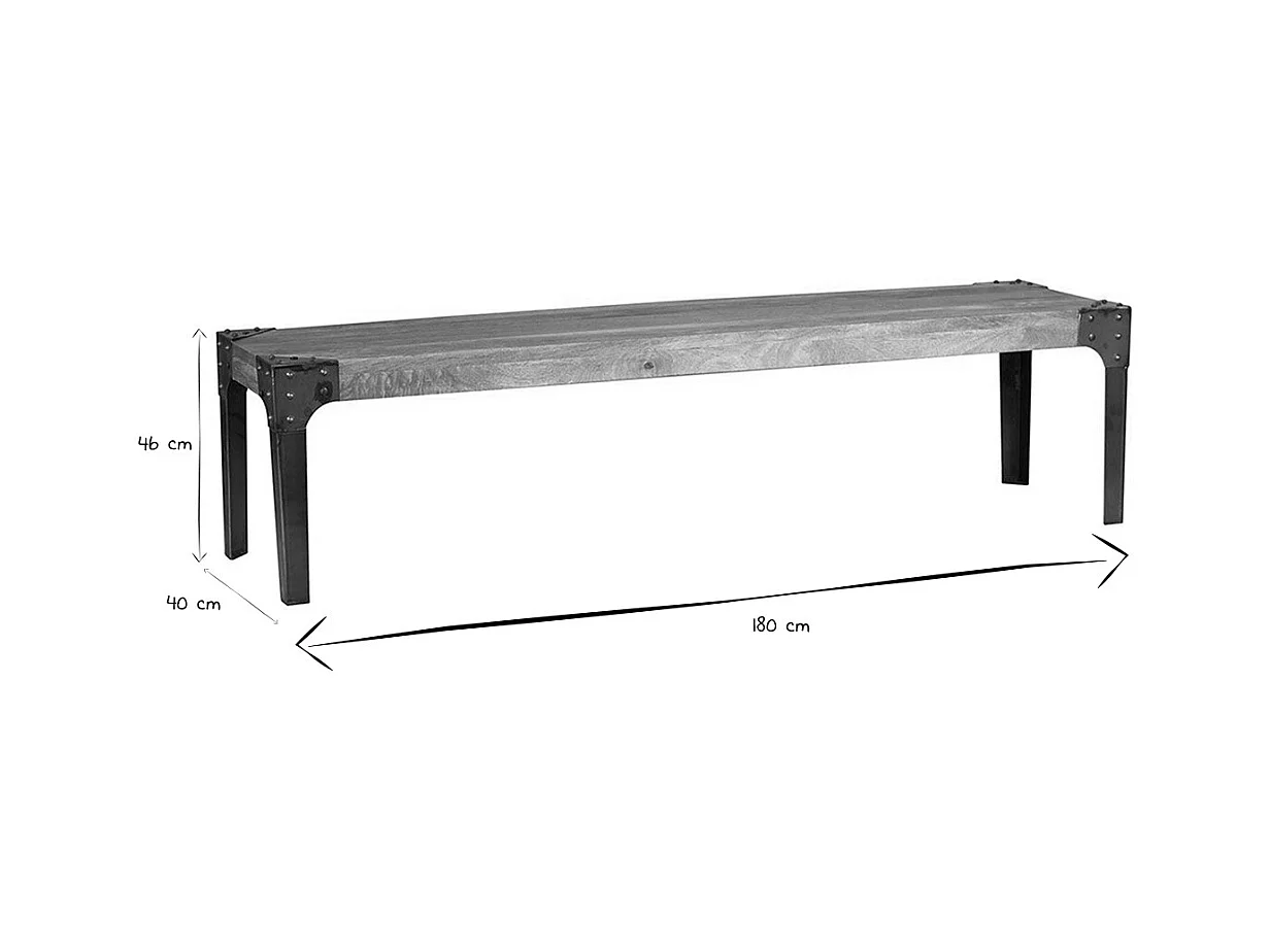 Banc industriel en bois manguier massif et métal noir L180 cm MADISON