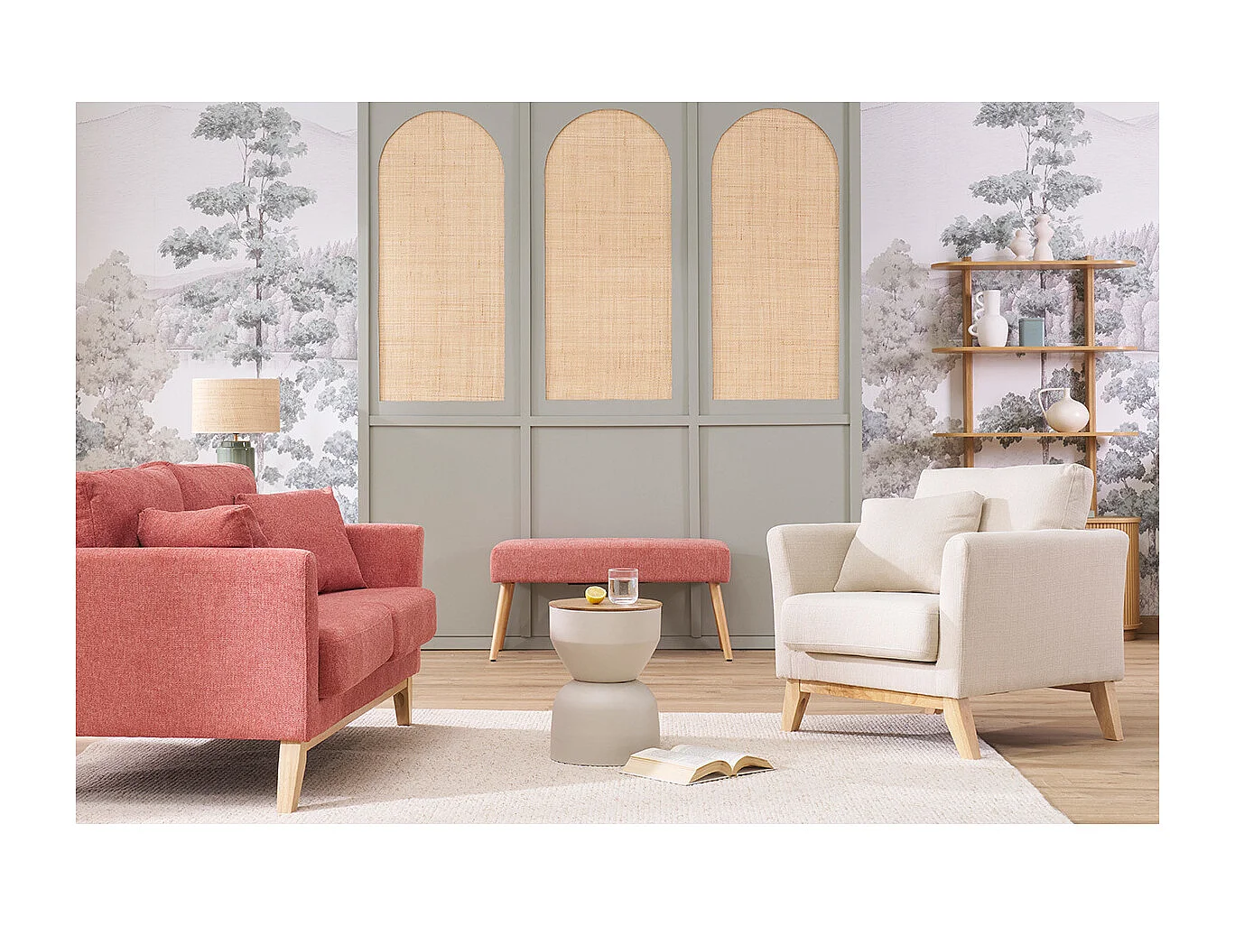 Banc scandinave capitonné en tissu effet velours texturé terracotta et bois clair L96 cm GUESTA