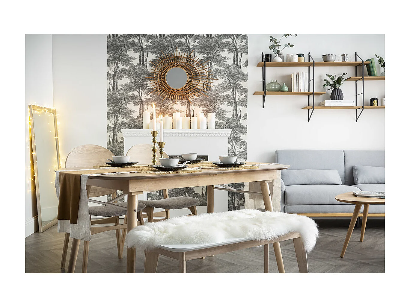 Banc scandinave blanc et bois clair L100 cm LEENA