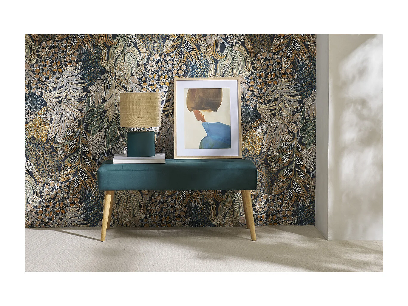 Banc scandinave capitonné en tissu velours bleu pétrole et bois clair L96 cm GUESTA