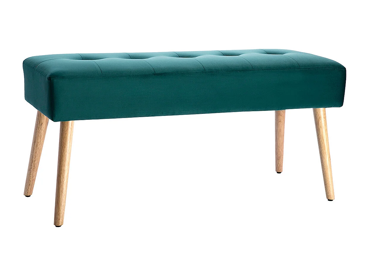 Banc scandinave capitonné en tissu velours bleu pétrole et bois clair L96 cm GUESTA