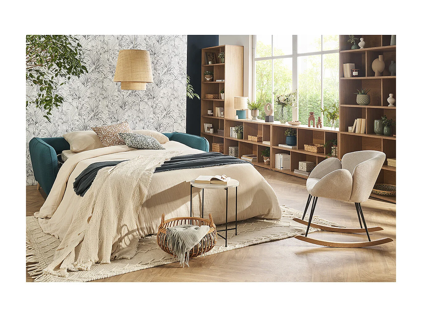 Canapé convertible scandinave 3 places en tissu gris anthracite et bois clair avec matelas 10 cm CREEP