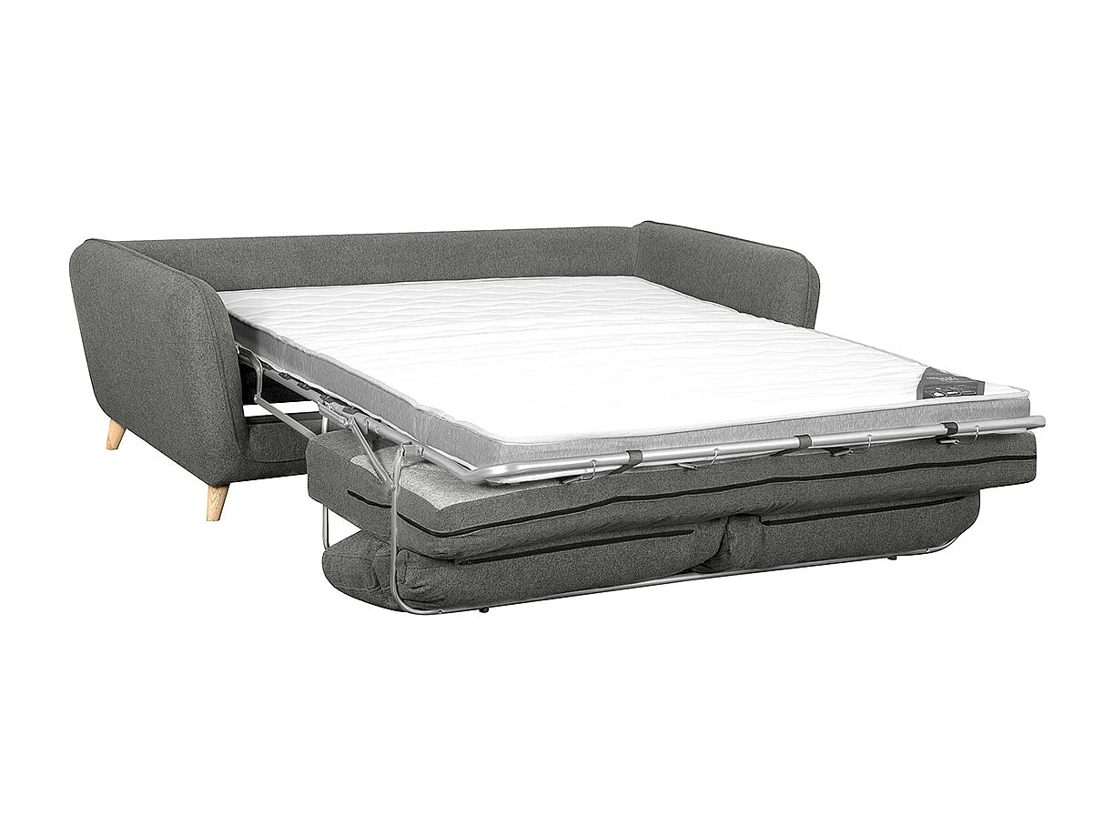 Canapé convertible scandinave 3 places en tissu gris anthracite et bois clair avec matelas 10 cm CREEP