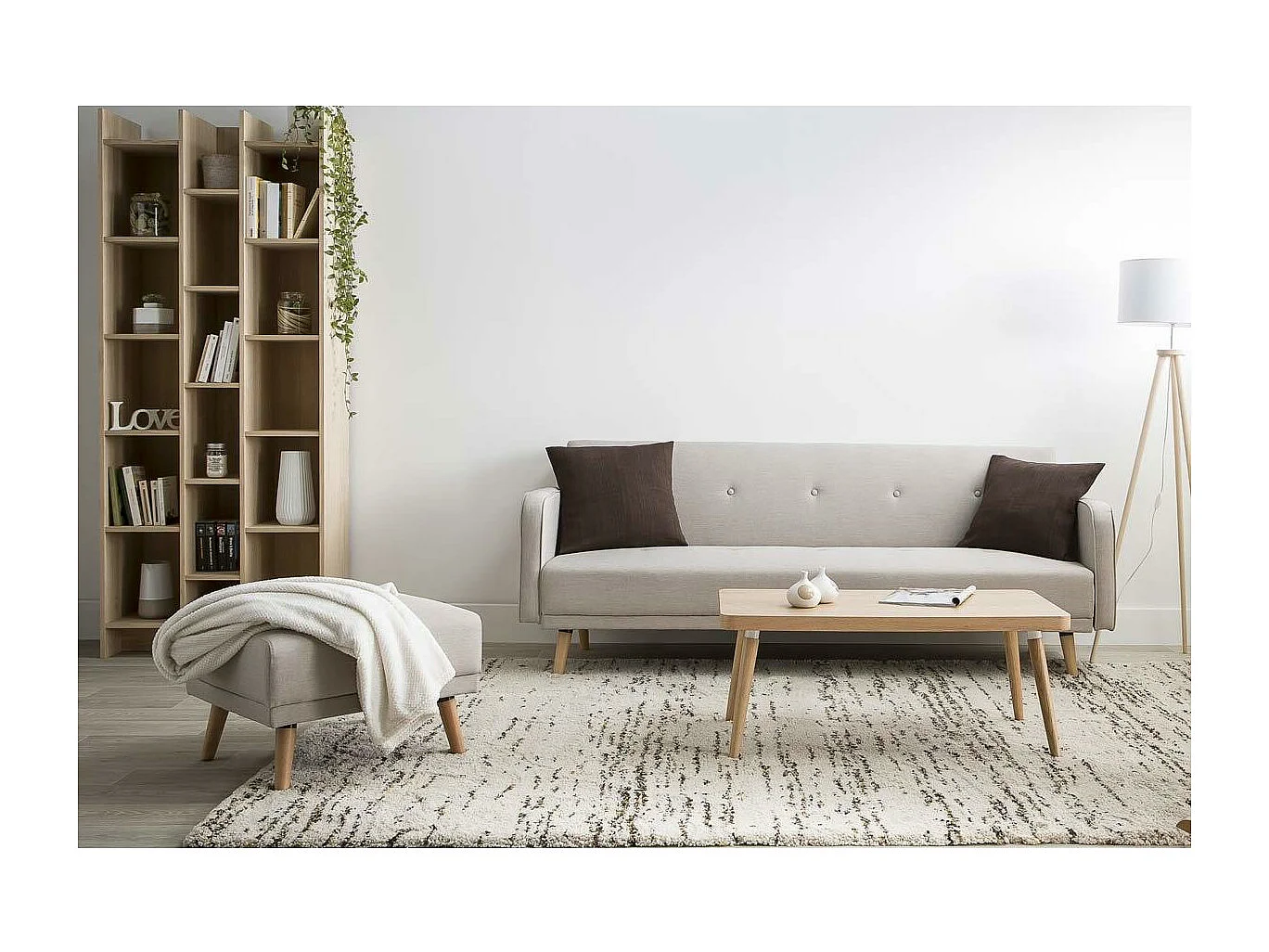 Canapé convertible scandinave 3 places en tissu beige et bois clair ULLA