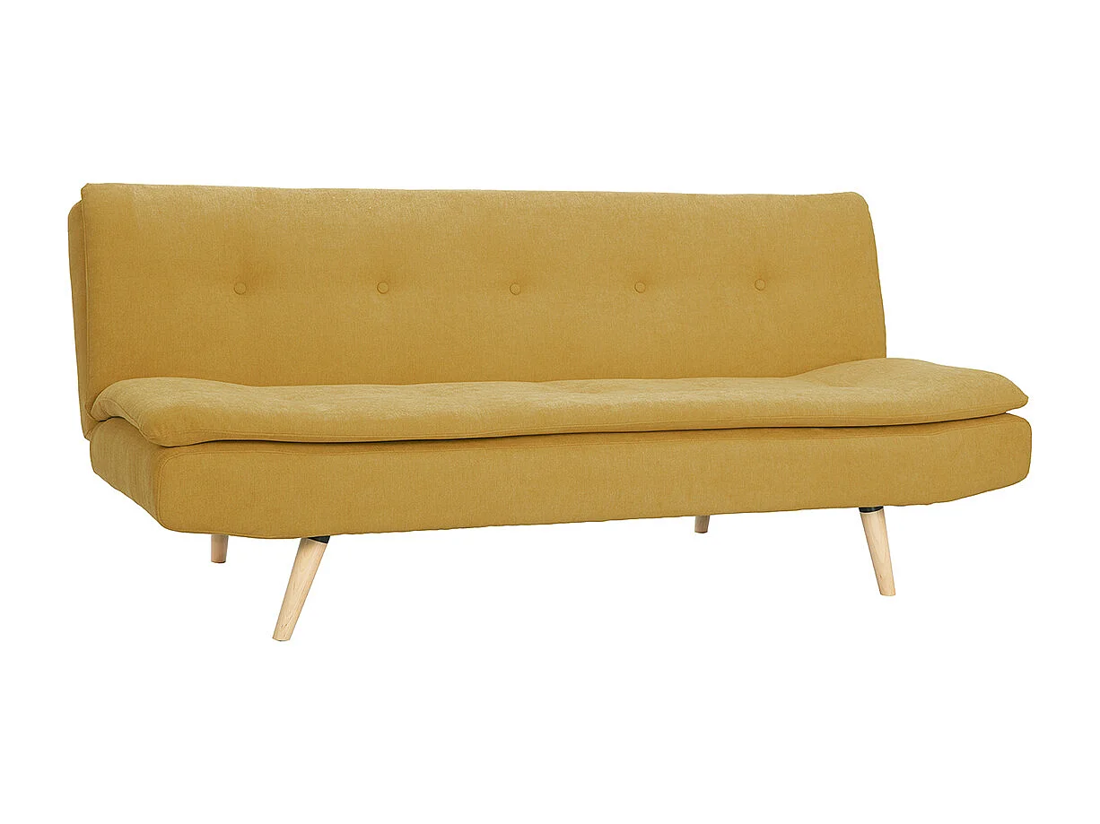 Canapé convertible 3 places en tissu effet velours jaune moutarde et bois clair SENSO