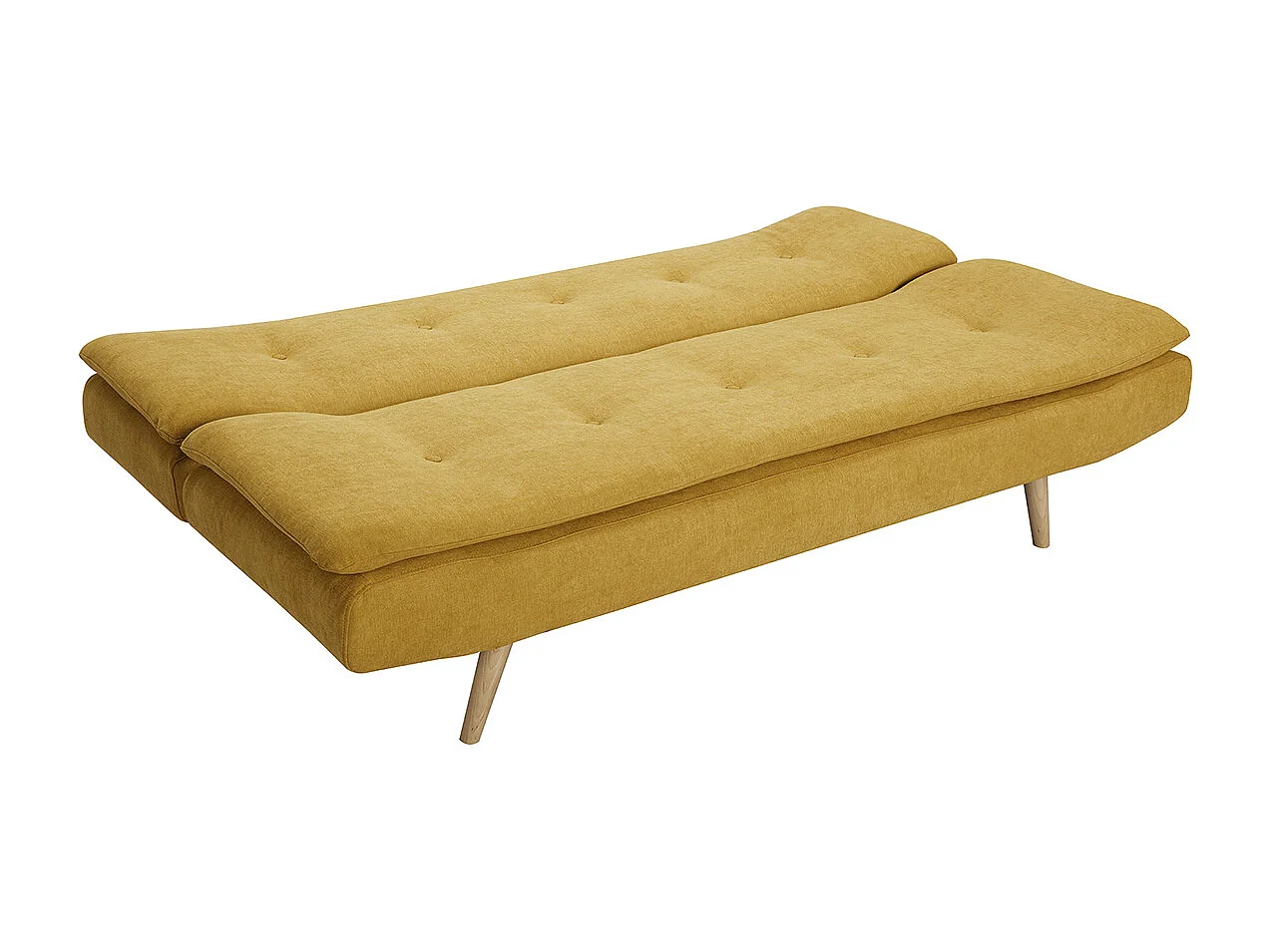 Canapé convertible 3 places en tissu effet velours jaune moutarde et bois clair SENSO