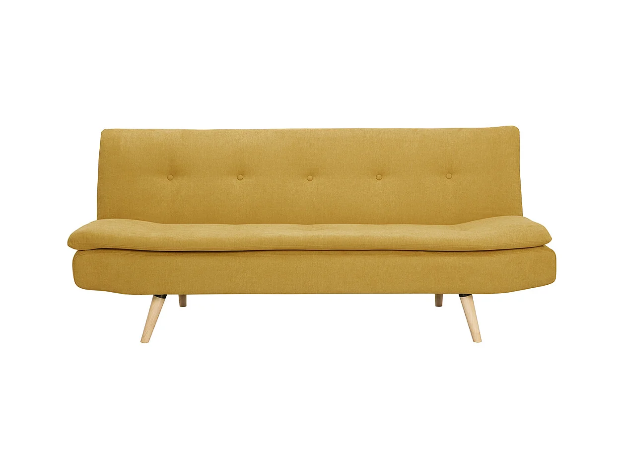 Canapé convertible 3 places en tissu effet velours jaune moutarde et bois clair SENSO