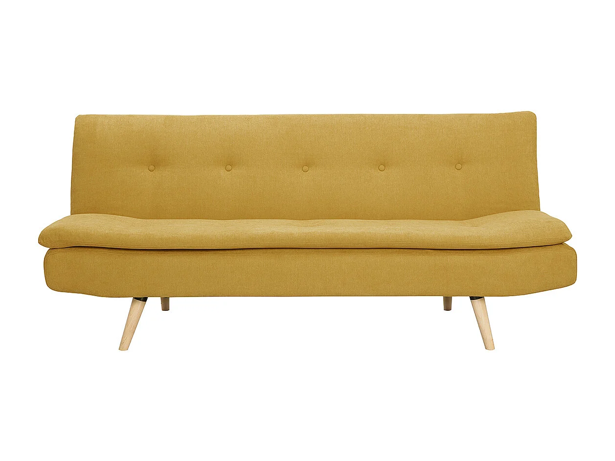 Canapé convertible 3 places en tissu effet velours jaune moutarde et bois clair SENSO