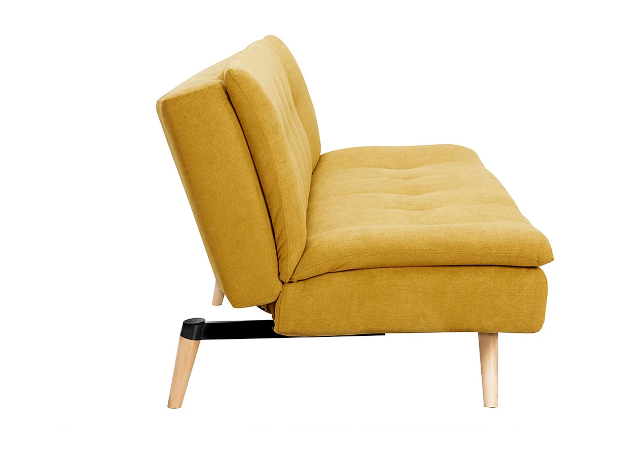 Canapé convertible 3 places en tissu effet velours jaune moutarde et bois clair SENSO