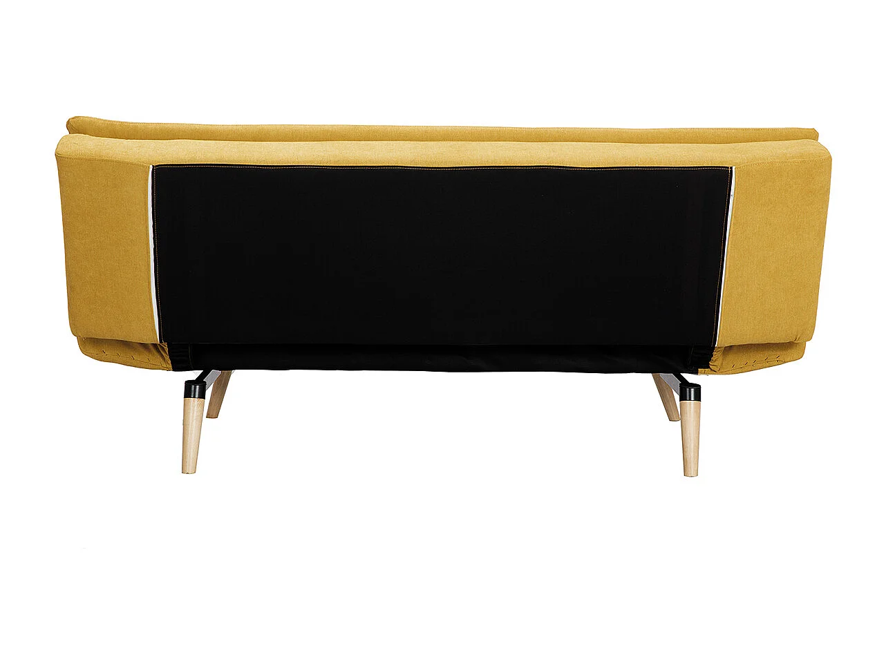 Canapé convertible 3 places en tissu effet velours jaune moutarde et bois clair SENSO