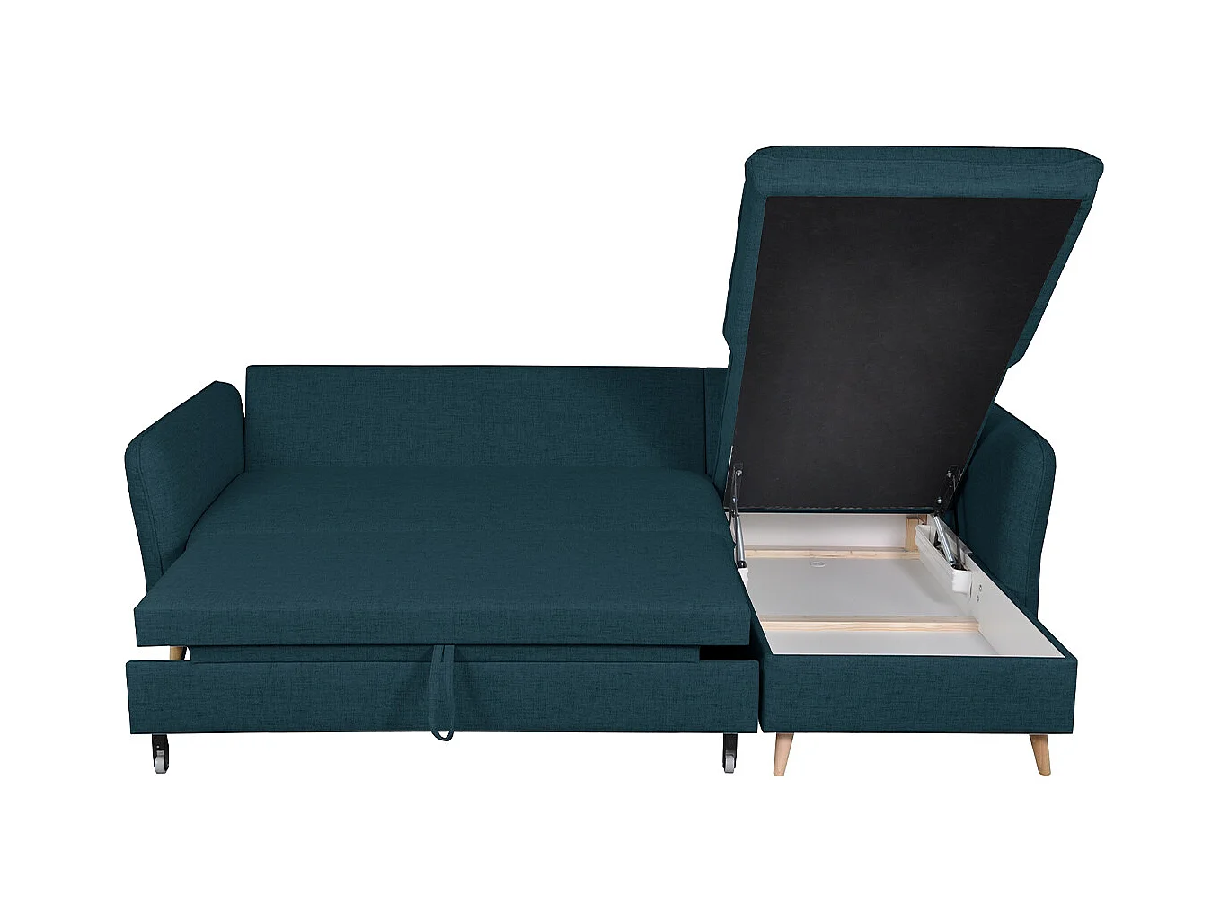 Schlaf-Ecksofa mit Stauraum 3/4-Sitzer ozeanblauer Stoff und helles Holz DRISS