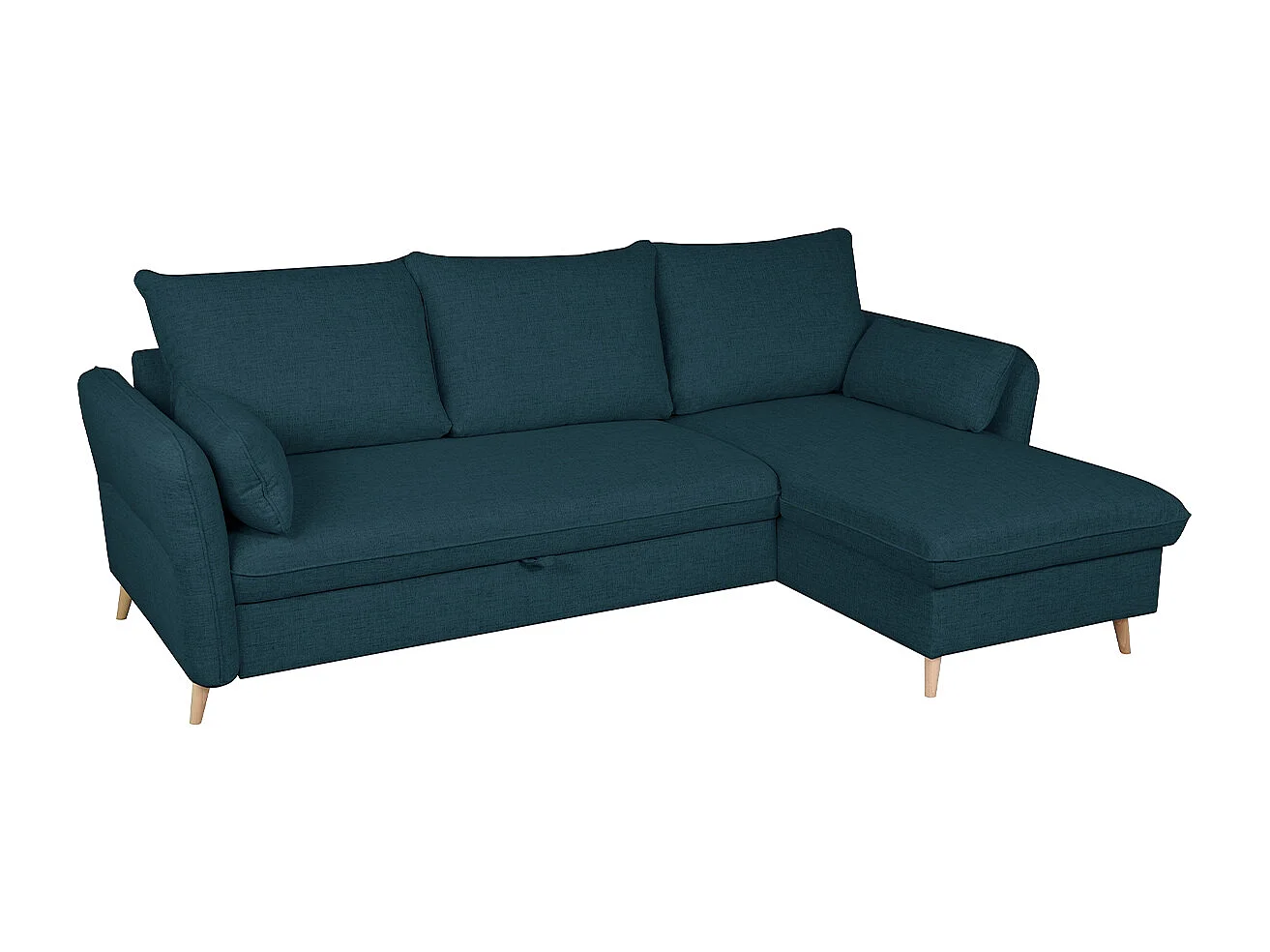 Schlaf-Ecksofa mit Stauraum 3/4-Sitzer ozeanblauer Stoff und helles Holz DRISS