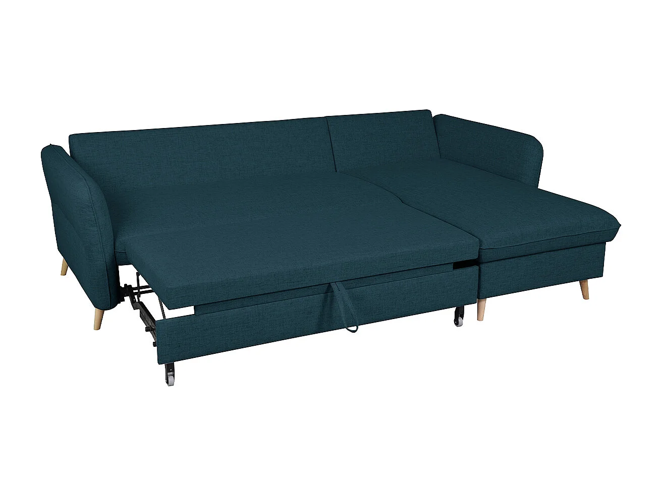 Schlaf-Ecksofa mit Stauraum 3/4-Sitzer ozeanblauer Stoff und helles Holz DRISS