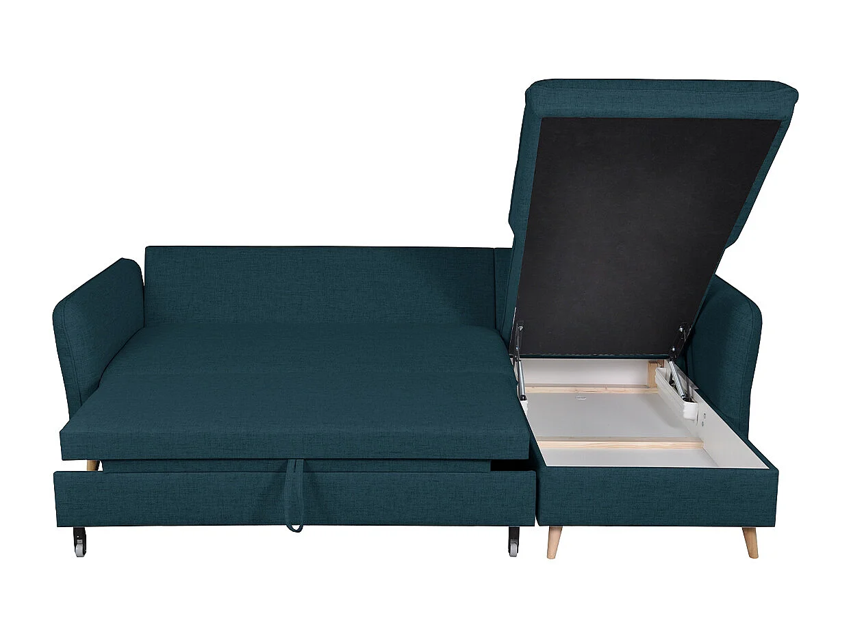 Schlaf-Ecksofa mit Stauraum 3/4-Sitzer ozeanblauer Stoff und helles Holz DRISS