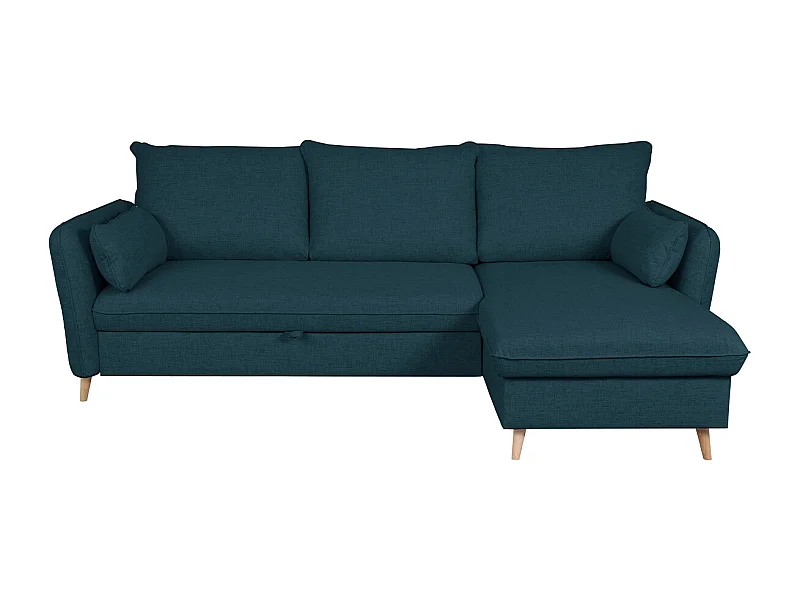 Sofá cama con chaise longue 3-4 plazas con canapé de tela azul marino y madera clara DRISS