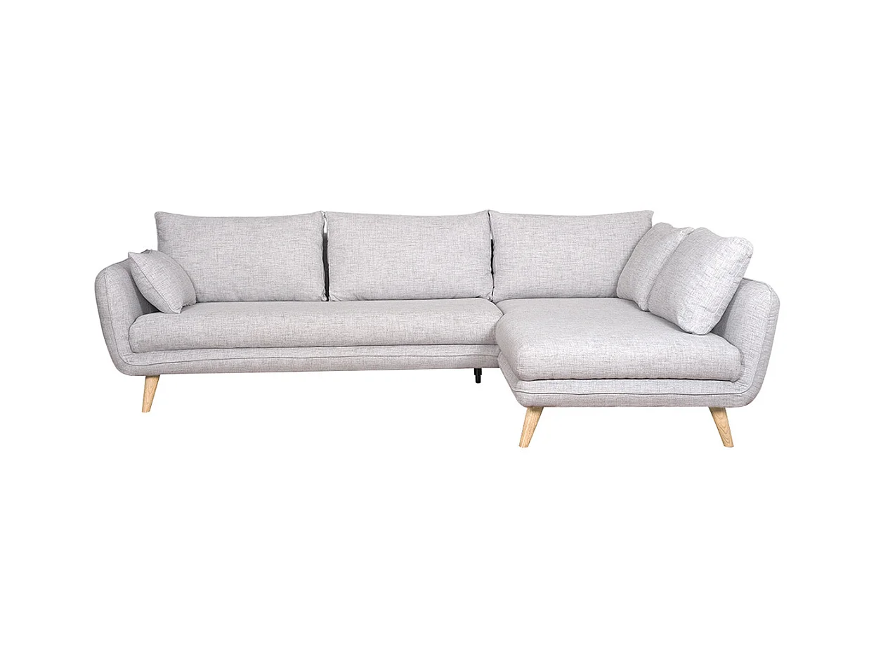 Canapé d'angle droit scandinave 5 places en tissu gris clair chiné et bois clair CREEP