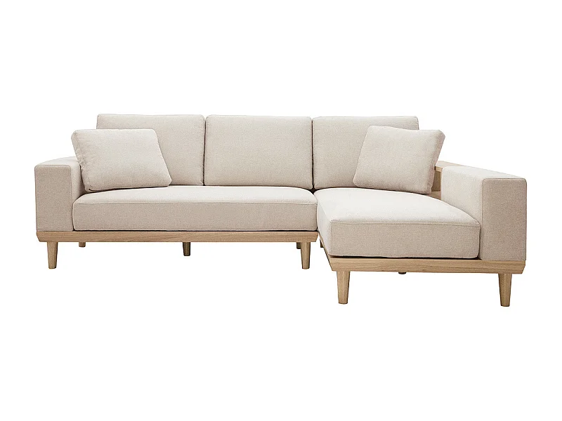 Sofá chaise longue a la derecha 5 plazas con almacenaje de tela texturizada beige efecto aterciopelado y madera clara KOMAO