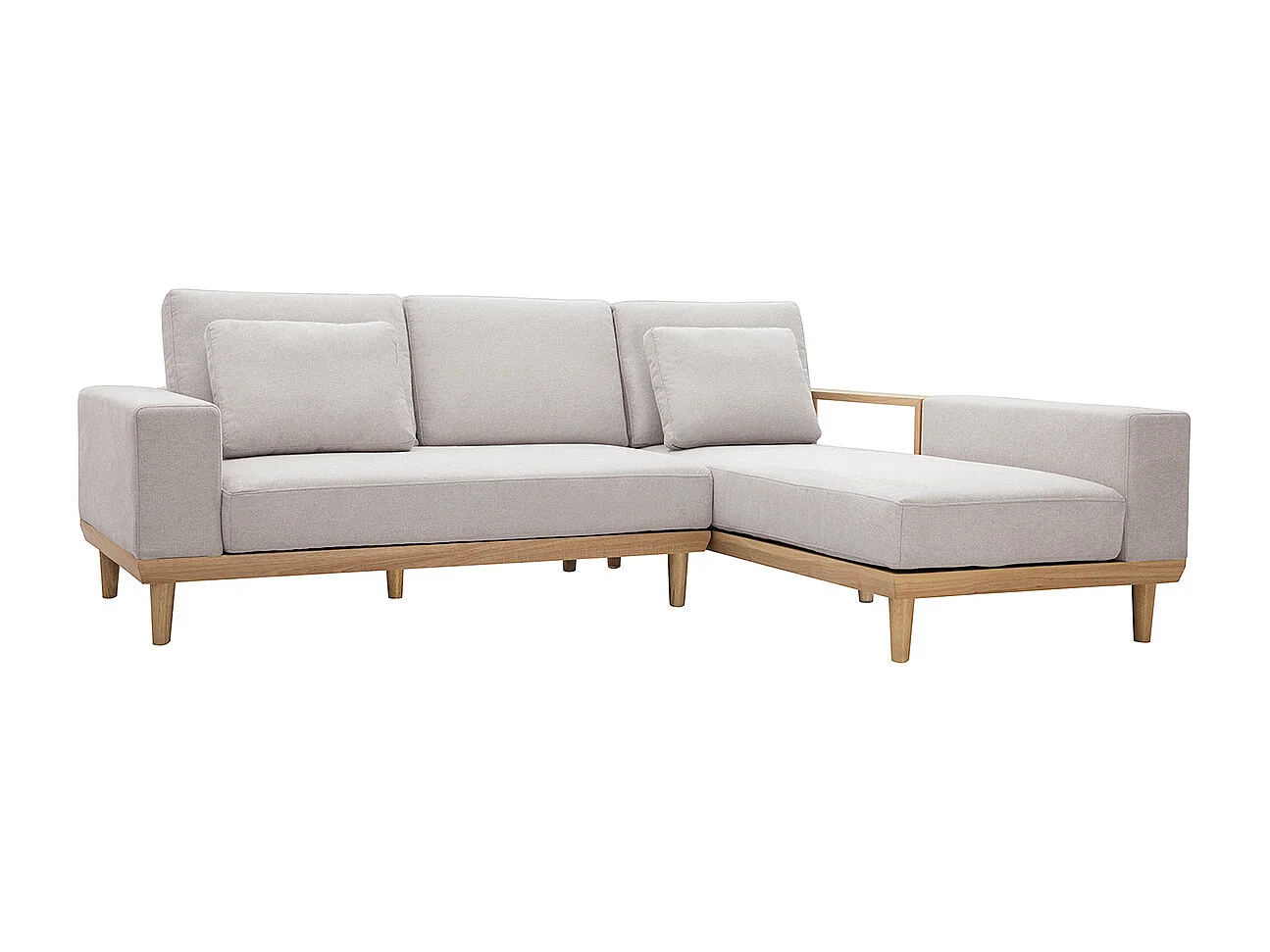 Sofá chaise longue a la derecha 5 plazas con almacenaje de tela texturizada beige efecto aterciopelado y madera clara KOMAO