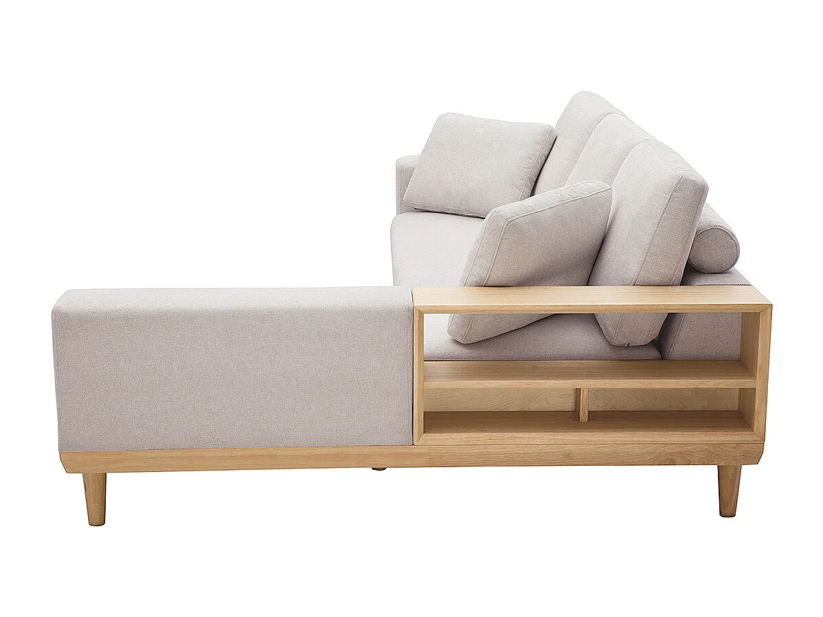 Sofá chaise longue a la derecha 5 plazas con almacenaje de tela texturizada beige efecto aterciopelado y madera clara KOMAO