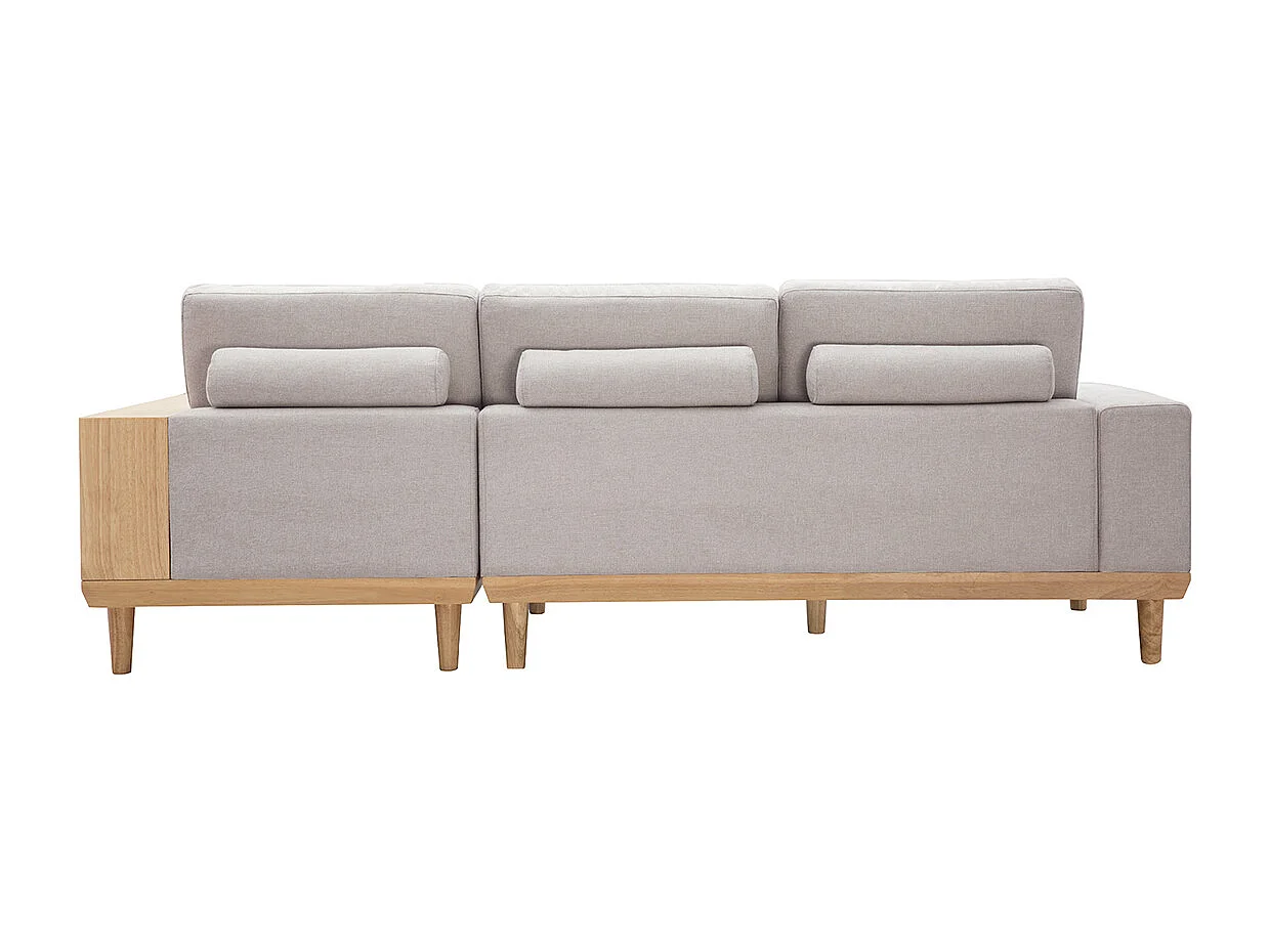 Sofá chaise longue a la derecha 5 plazas con almacenaje de tela texturizada beige efecto aterciopelado y madera clara KOMAO