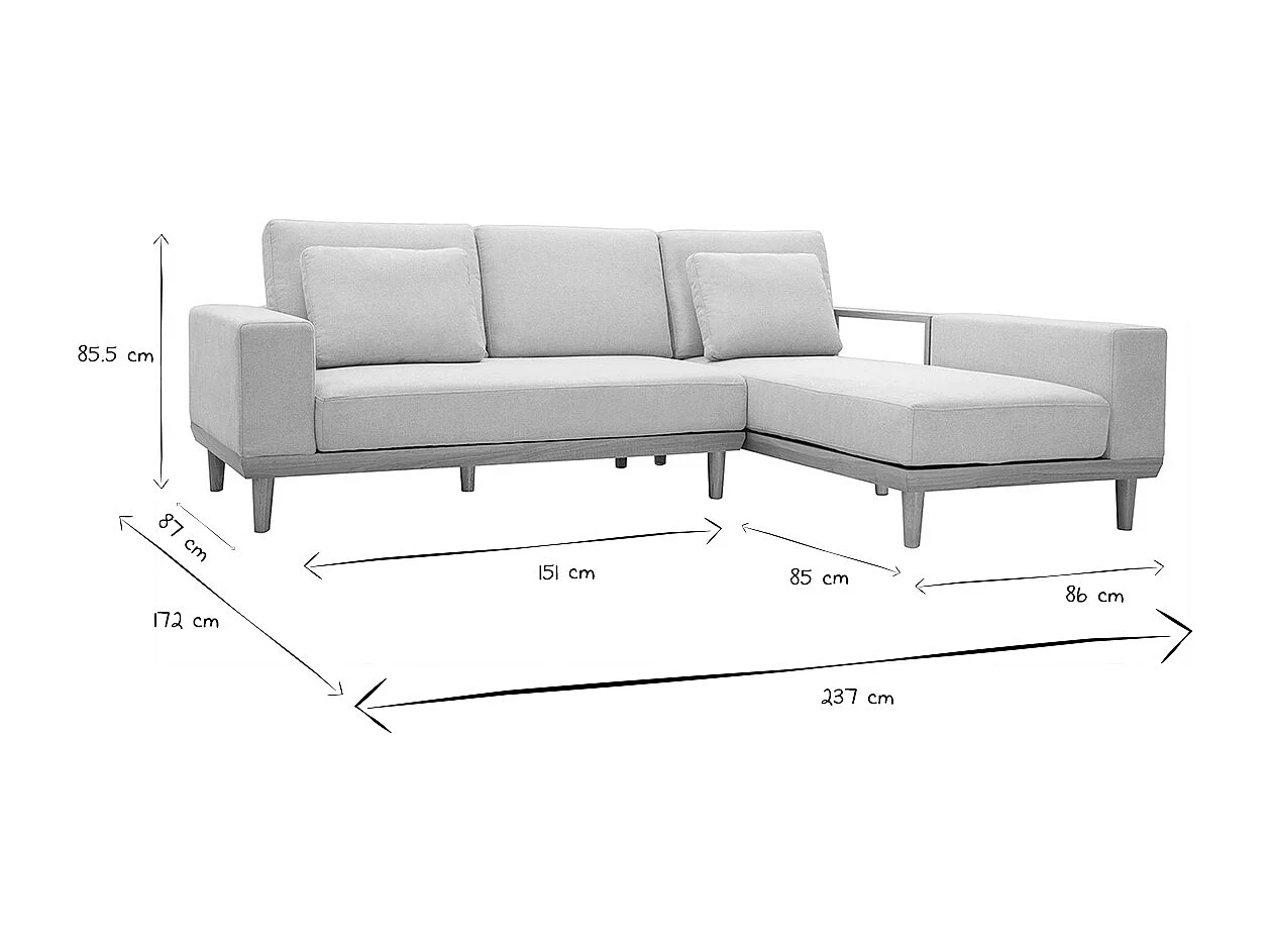 Sofá chaise longue a la derecha 5 plazas con almacenaje de tela texturizada beige efecto aterciopelado y madera clara KOMAO