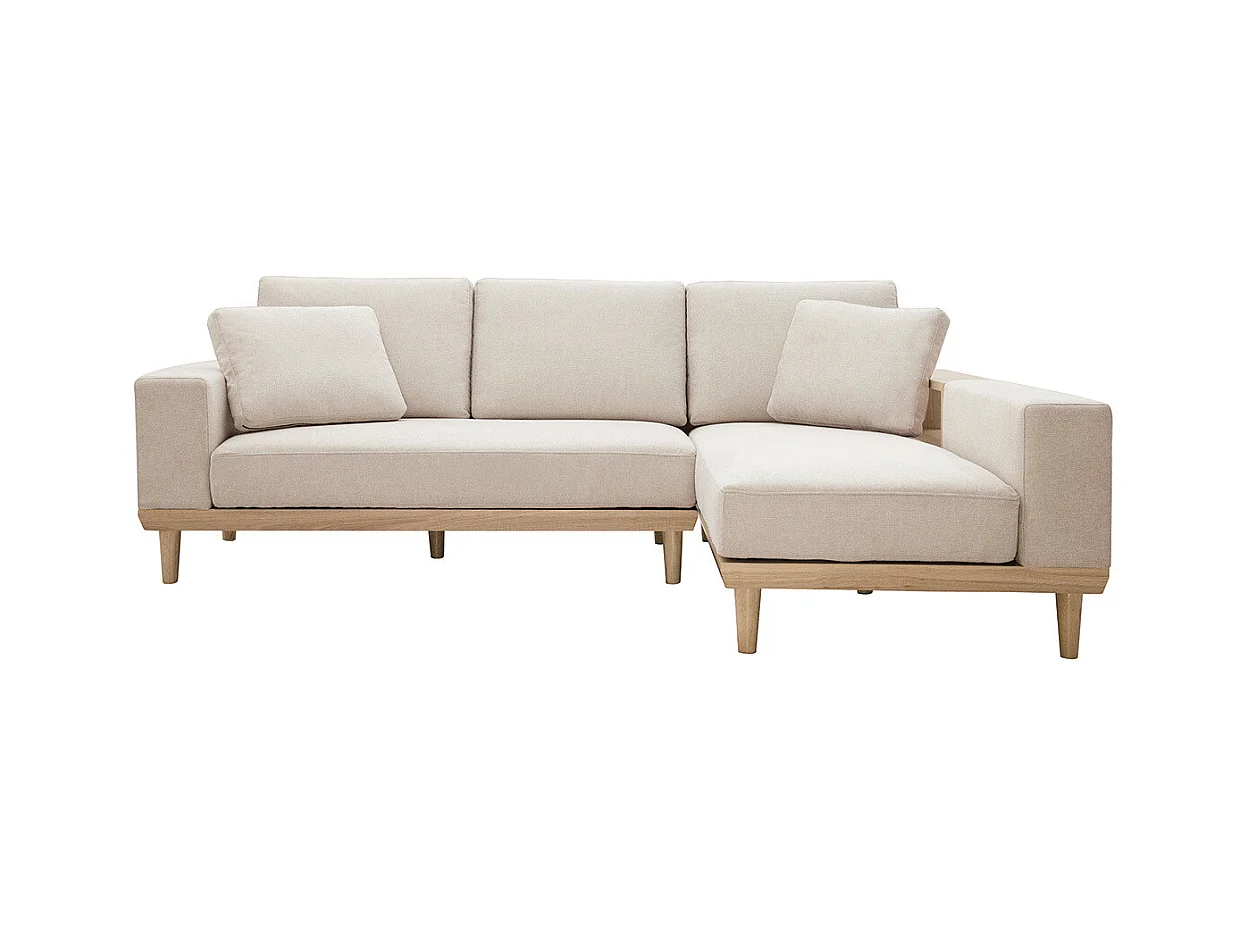 Canapé d'angle droit 5 places avec rangements en tissu effet velours texturé beige et bois clair KOMAO