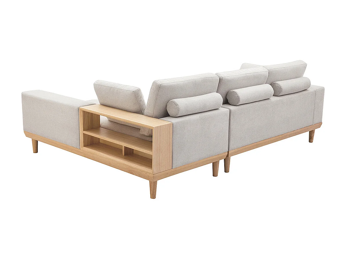 Divano angolare destro 5 posti con mensole tessuto effetto velluto testurizzato beige e legno chiaro KOMAO