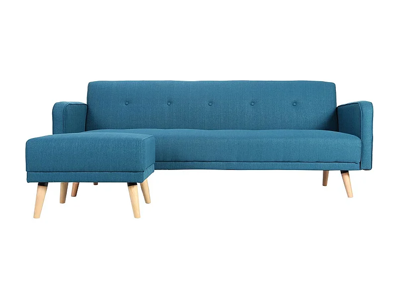 Canapé convertible scandinave 3 places avec repose-pieds en tissu bleu canard et bois clair ULLA