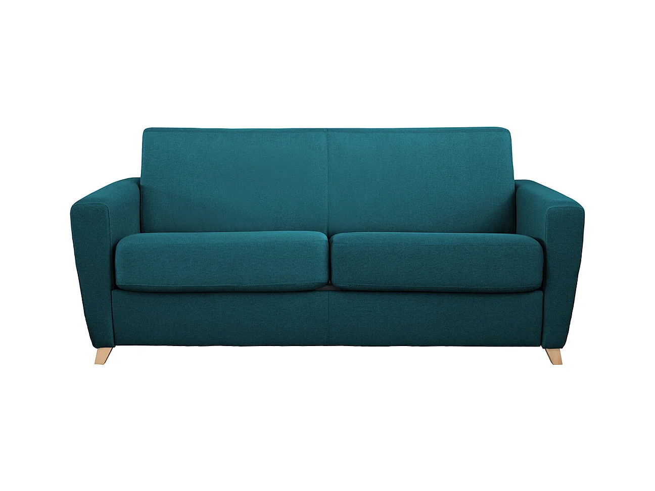 Canapé convertible 3 places en tissu bleu canard et bois clair avec matelas L140 cm 13 cm GRAHAM