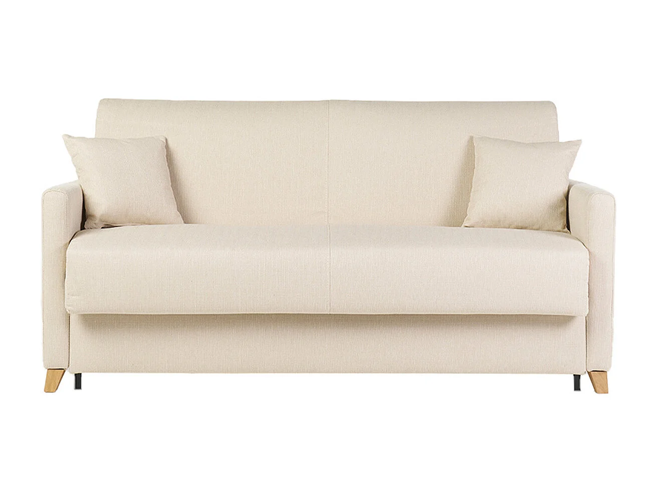 Sofá cama 3 plazas nórdico beige y madera clara con colchón de 18 cm SKANDY