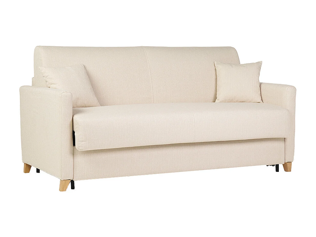 Sofá cama 3 plazas nórdico beige y madera clara con colchón de 18 cm SKANDY