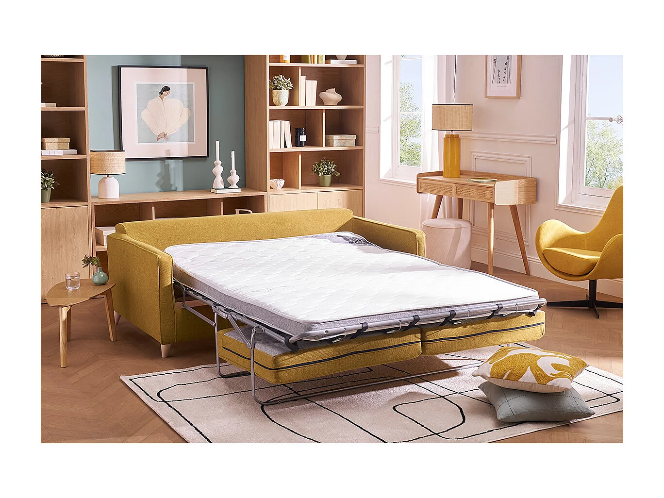 Skandinavische Schlafcouch kumingelb mit Matratze Dicke 10 cm 3-Sitzer PAPEL