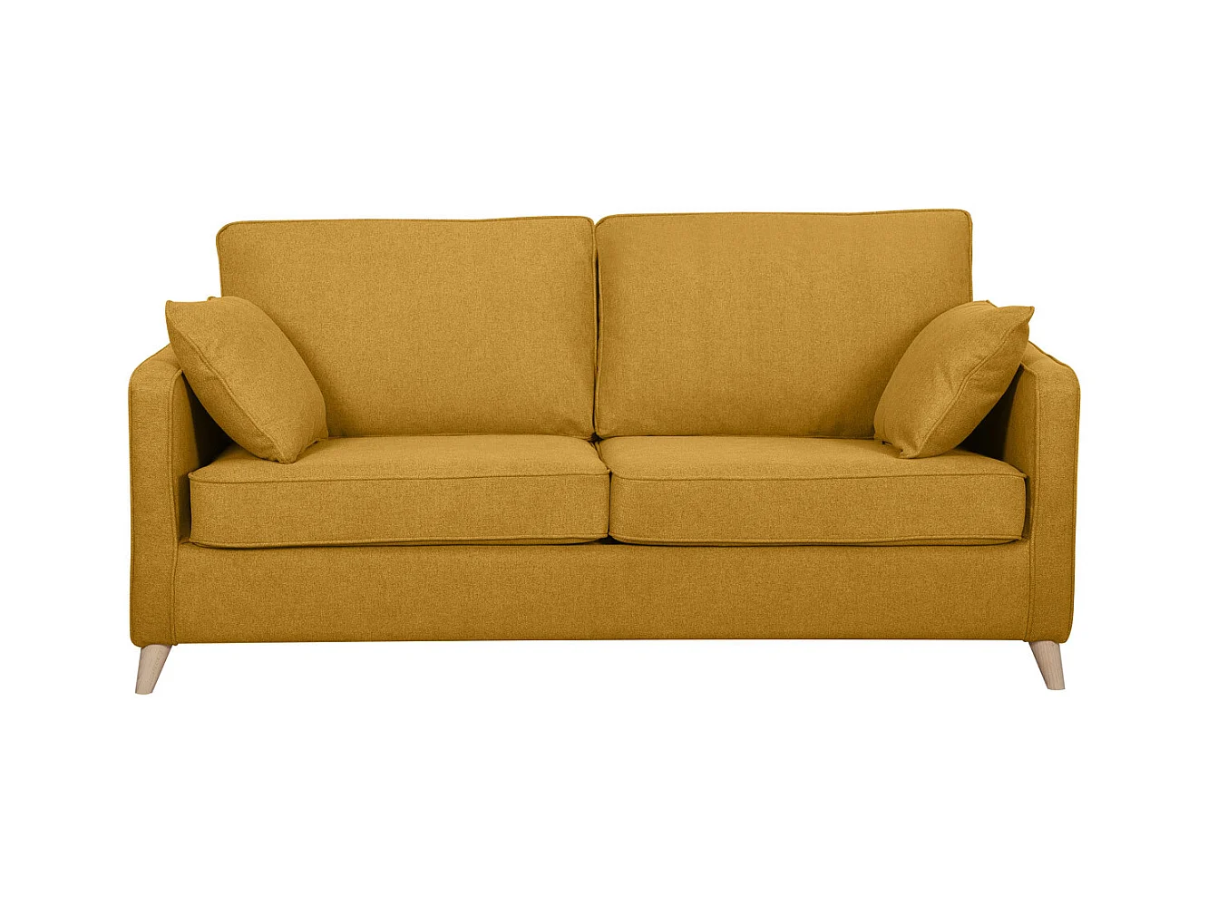 Canapé convertible scandinave 3 places en tissu jaune cumin et bois clair avec matelas 10 cm PAPEL
