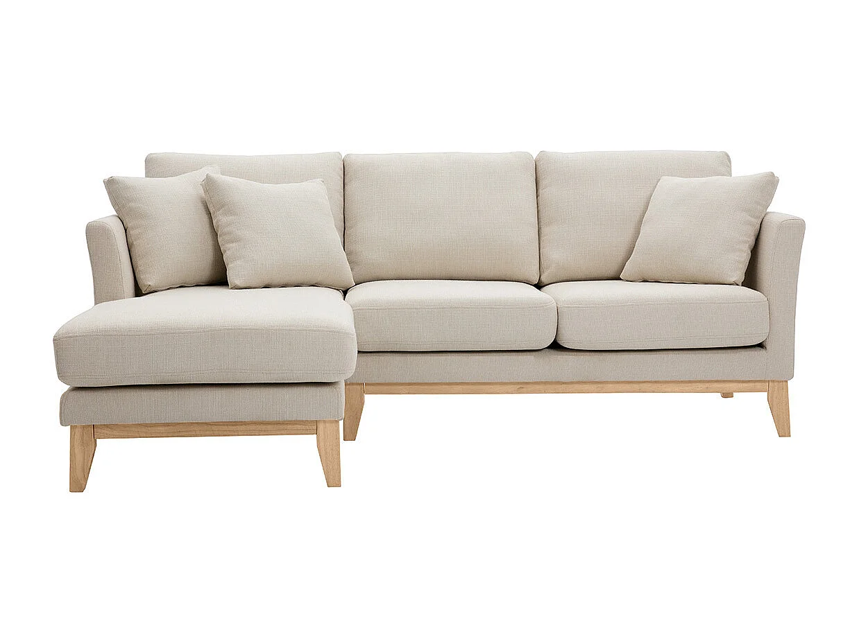 Skandinavisches Ecksofa links aus beigem Stoff mit abnehmbaren Bezügen und hellem Holz 3-4 Sitzer OSLO
