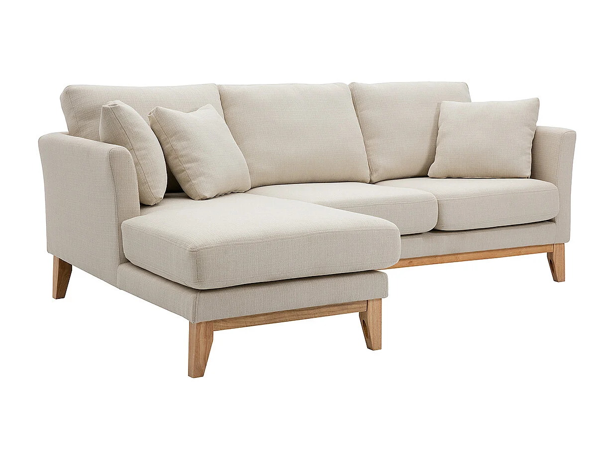 Skandinavisches Ecksofa links aus beigem Stoff mit abnehmbaren Bezügen und hellem Holz 3-4 Sitzer OSLO