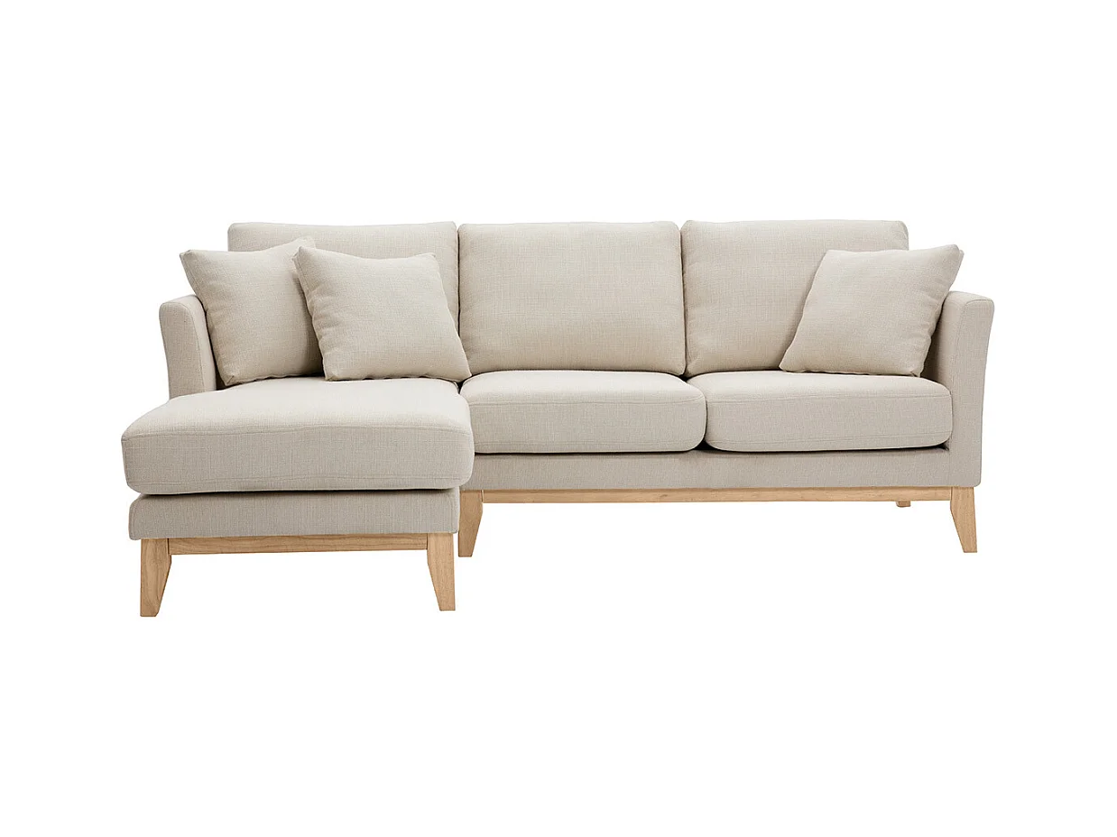 Canapé d'angle gauche scandinave en tissu beige déhoussable et bois clair 3-4 places OSLO