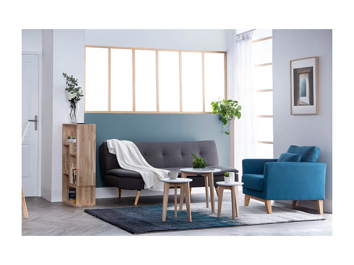 Canapé convertible scandinave 3 places en tissu gris foncé et bois clair SENSO