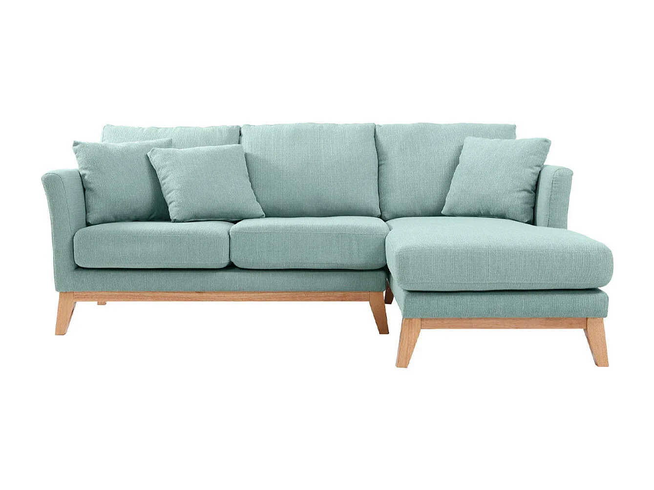 Canapé d'angle droit déhoussable scandinave 4 places en tissu vert lagon et bois clair OSLO