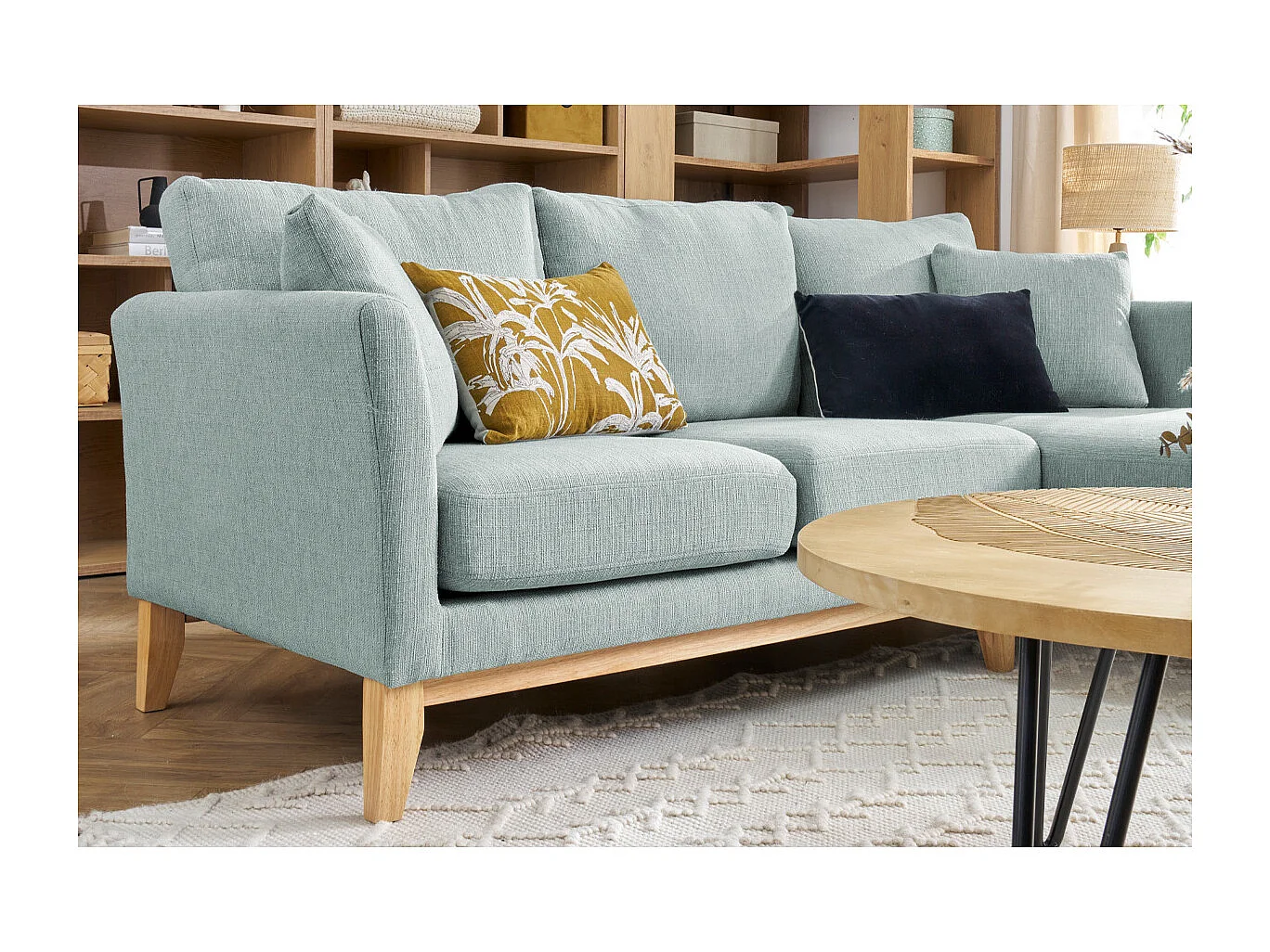 Canapé d'angle droit déhoussable scandinave 4 places en tissu vert lagon et bois clair OSLO