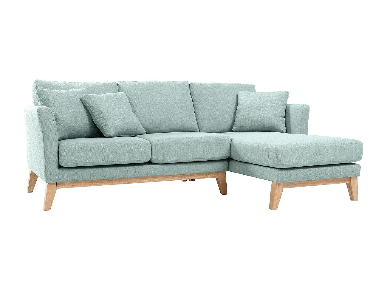 Canapé d'angle droit déhoussable scandinave 4 places en tissu vert lagon et bois clair OSLO