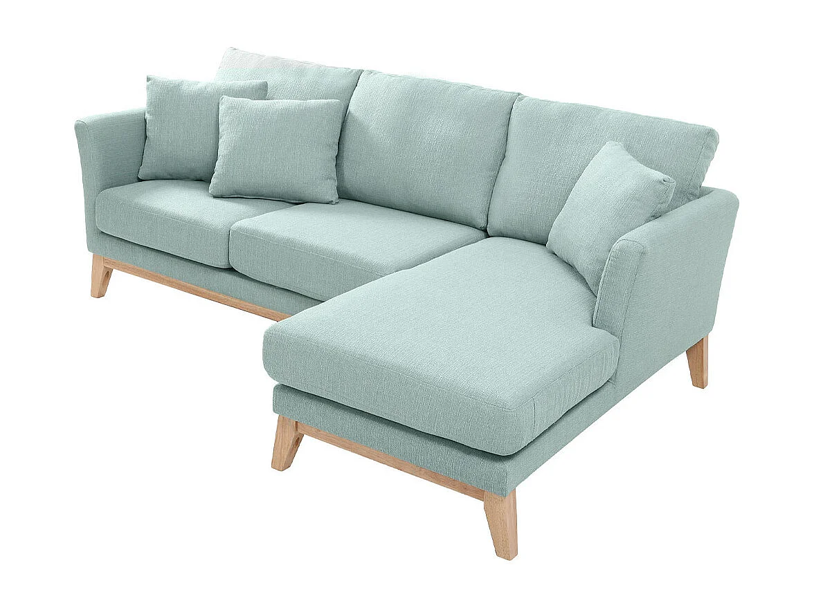 Canapé d'angle droit déhoussable scandinave 4 places en tissu vert lagon et bois clair OSLO