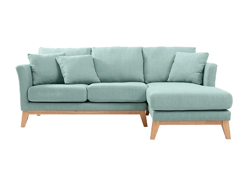 Canapé d'angle droit déhoussable scandinave 4 places en tissu vert lagon et bois clair OSLO