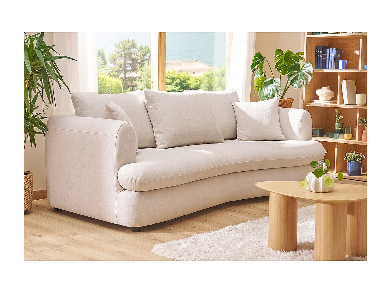 Schlafsofa 3-4 Sitzer in hellbeigem Stoff mit Samteffekt und abziehbarem Bezug SACHA