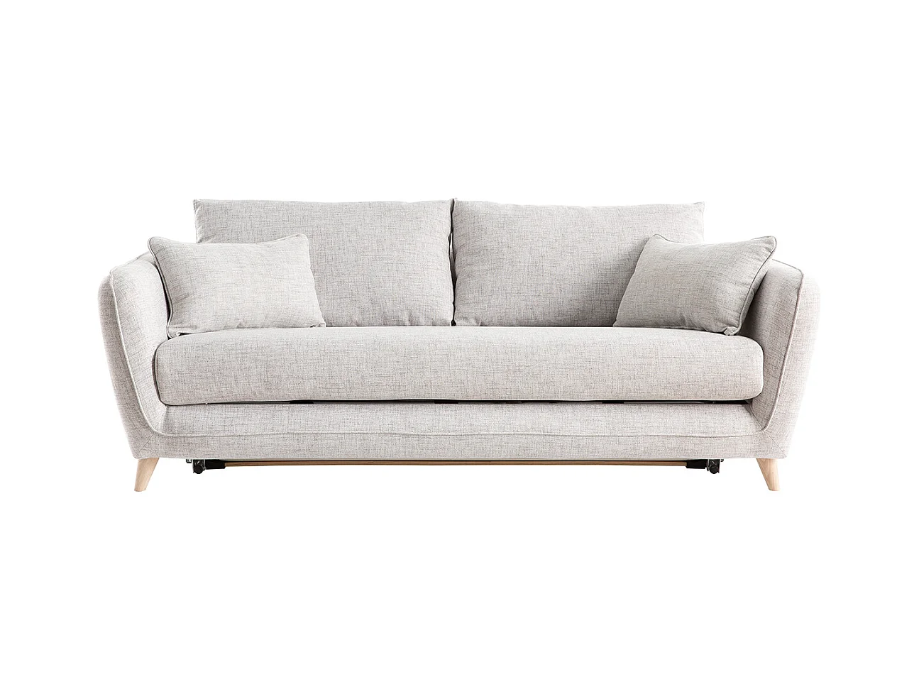 Canapé convertible scandinave 3 places en tissu gris clair chiné et bois clair avec matelas 10 cm CREEP