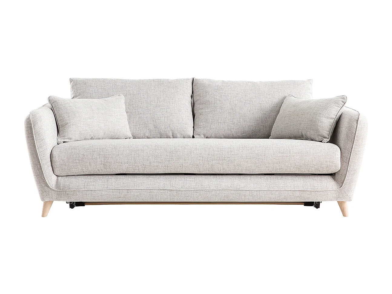 Canapé convertible scandinave 3 places en tissu gris clair chiné et bois clair avec matelas 10 cm CREEP