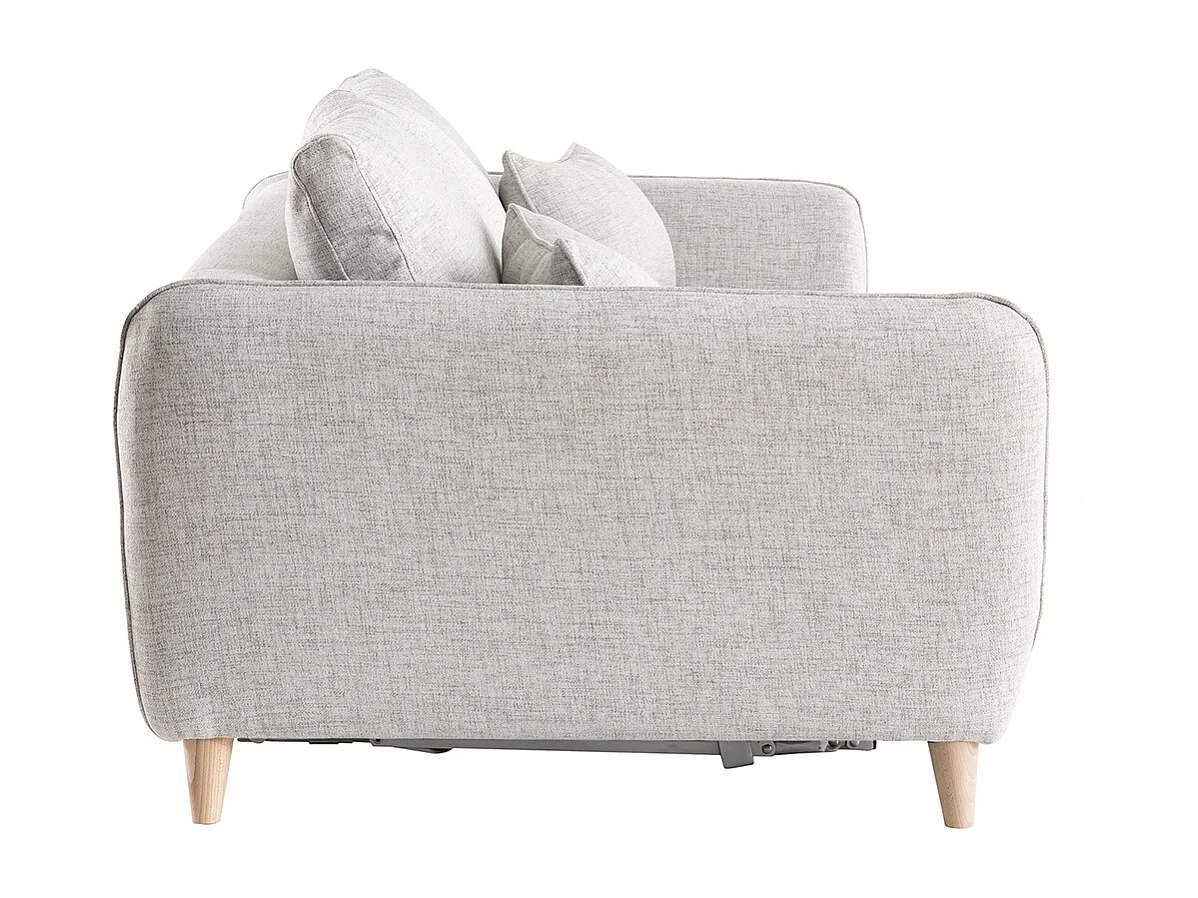Canapé convertible scandinave 3 places en tissu gris clair chiné et bois clair avec matelas 10 cm CREEP