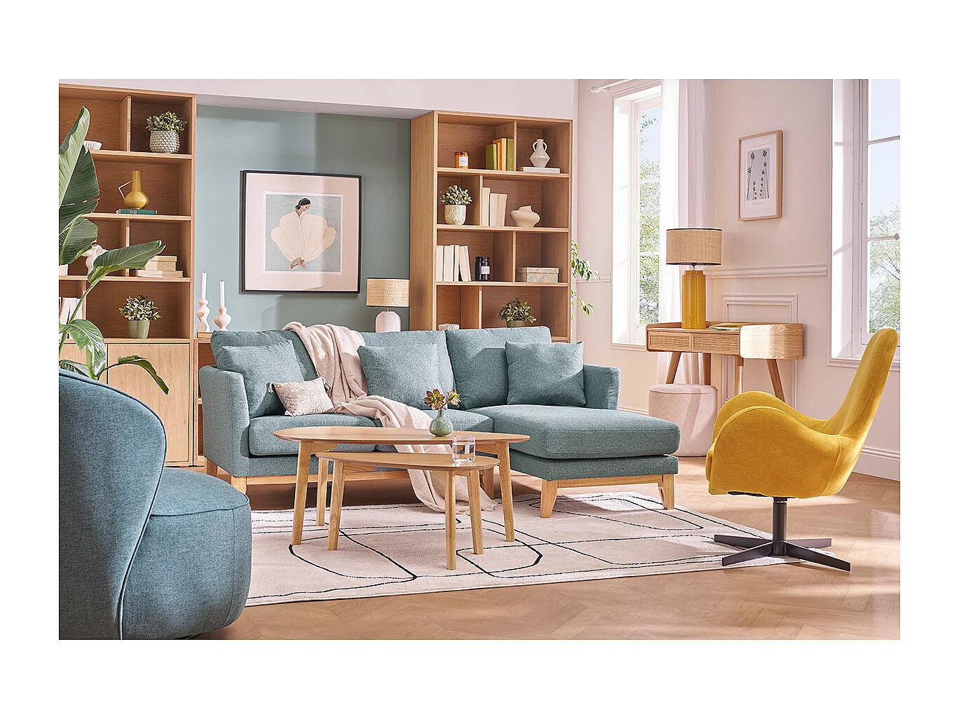 Divano angolare destro sfoderabile scandinavo 4 posti in tessuto grigio-verde e legno chiaro OSLO