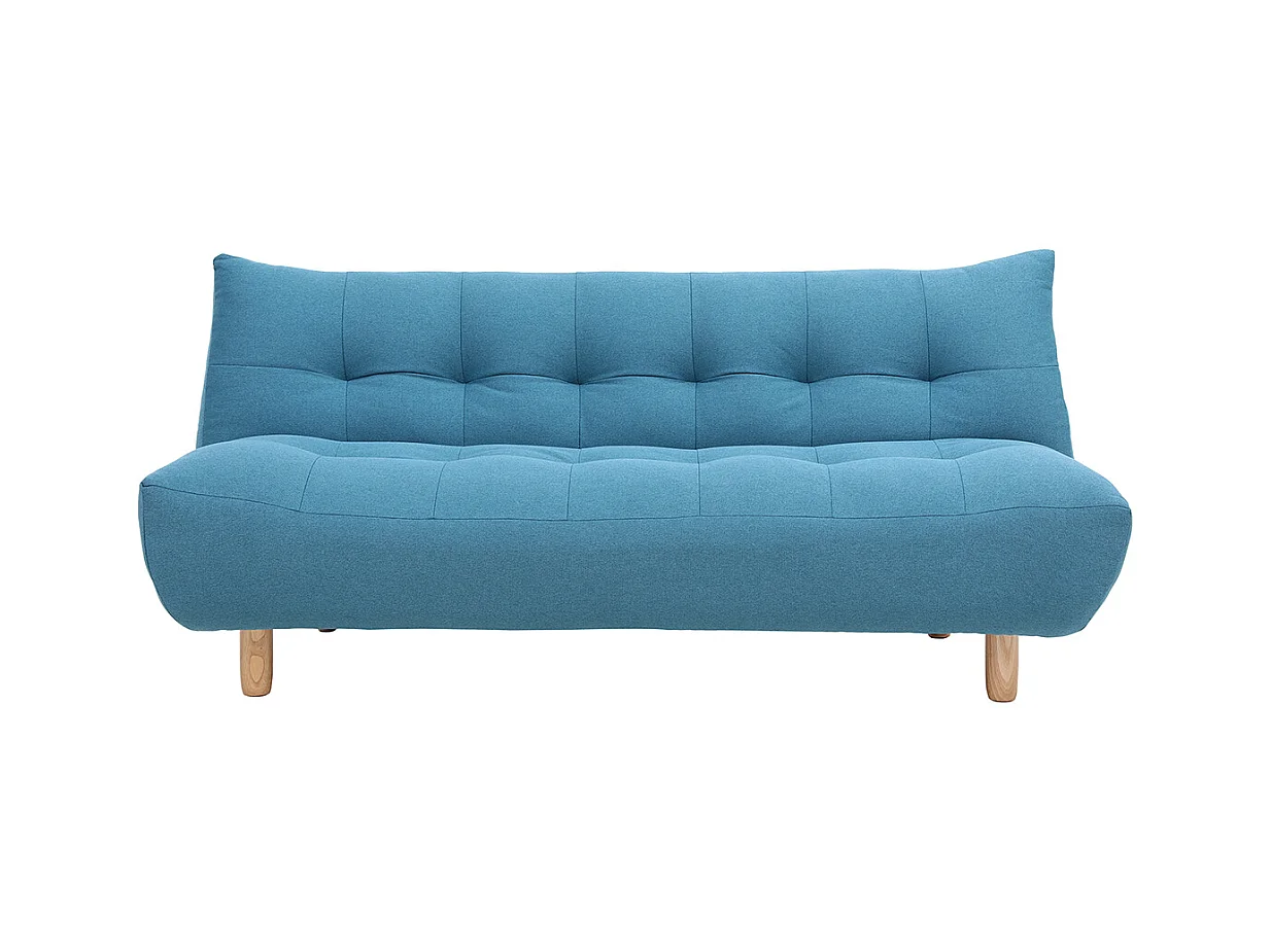 Canapé convertible scandinave 3 places en tissu bleu canard et bois clair YUMI