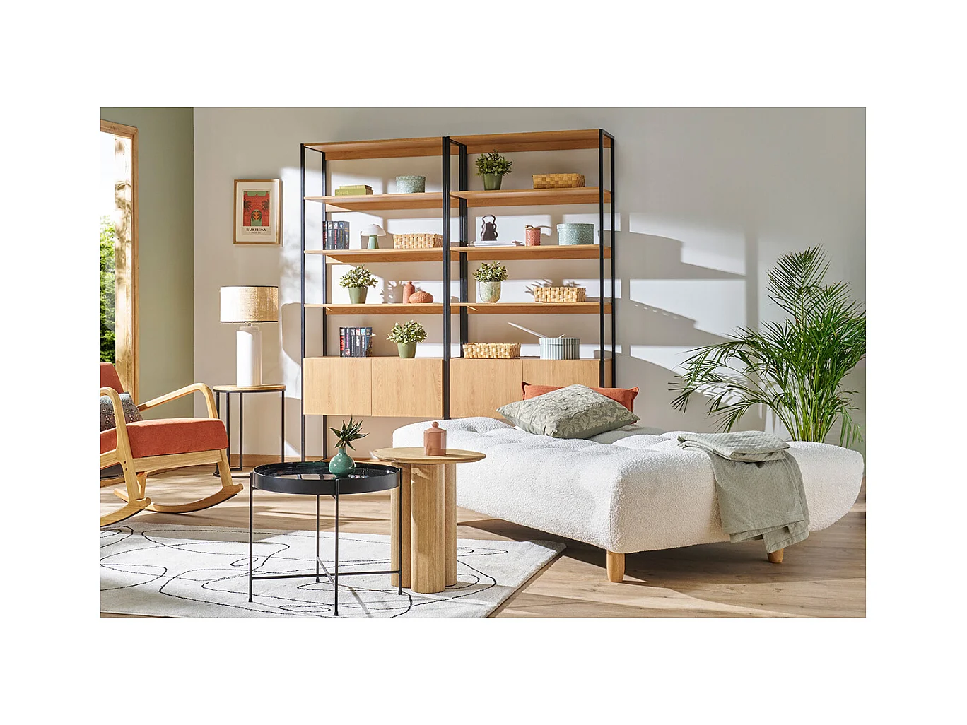 Sofá Cama Convertible Escandinavo de 3 Plazas Azul Pato YUMI en Tela y Madera Clara